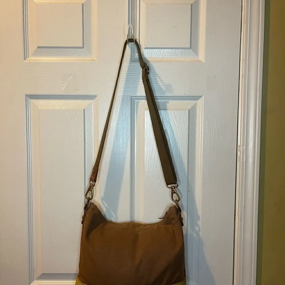 Fossil Brown canvas and yellow mustard suede medium shoulder/crossbody bag .